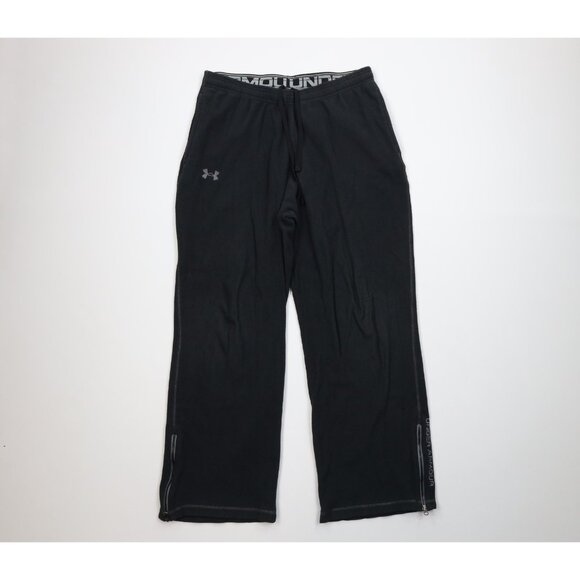 Vintage Under Armour Mens Large Distressed Spell Out Wide Leg Fleece Pants Black - Picture 1 of 13